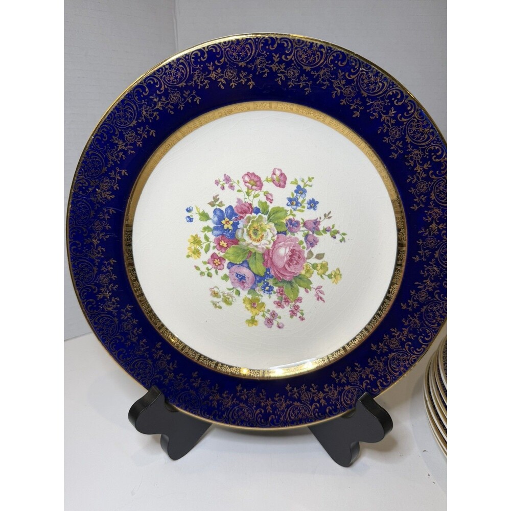Century by Salem Cobalt Blue Floral 23 Karat Gold Dinner Plate 10” USA Vintage